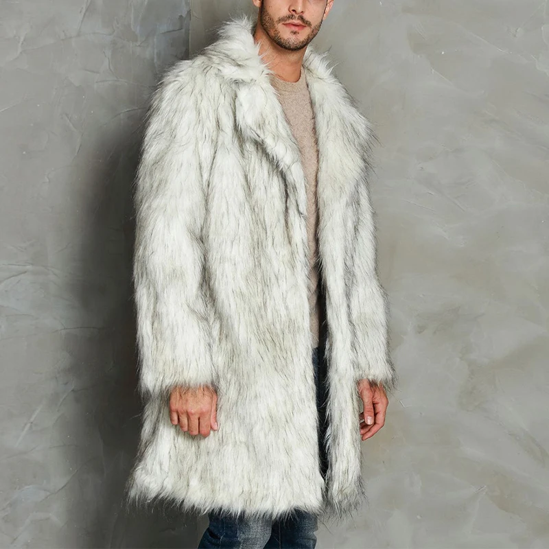 YILEEGOO Men Winter Faux Fur Coat Long Sleeve Lapel Collar Open Front Faux Fur Fluffy Jacket Outwear