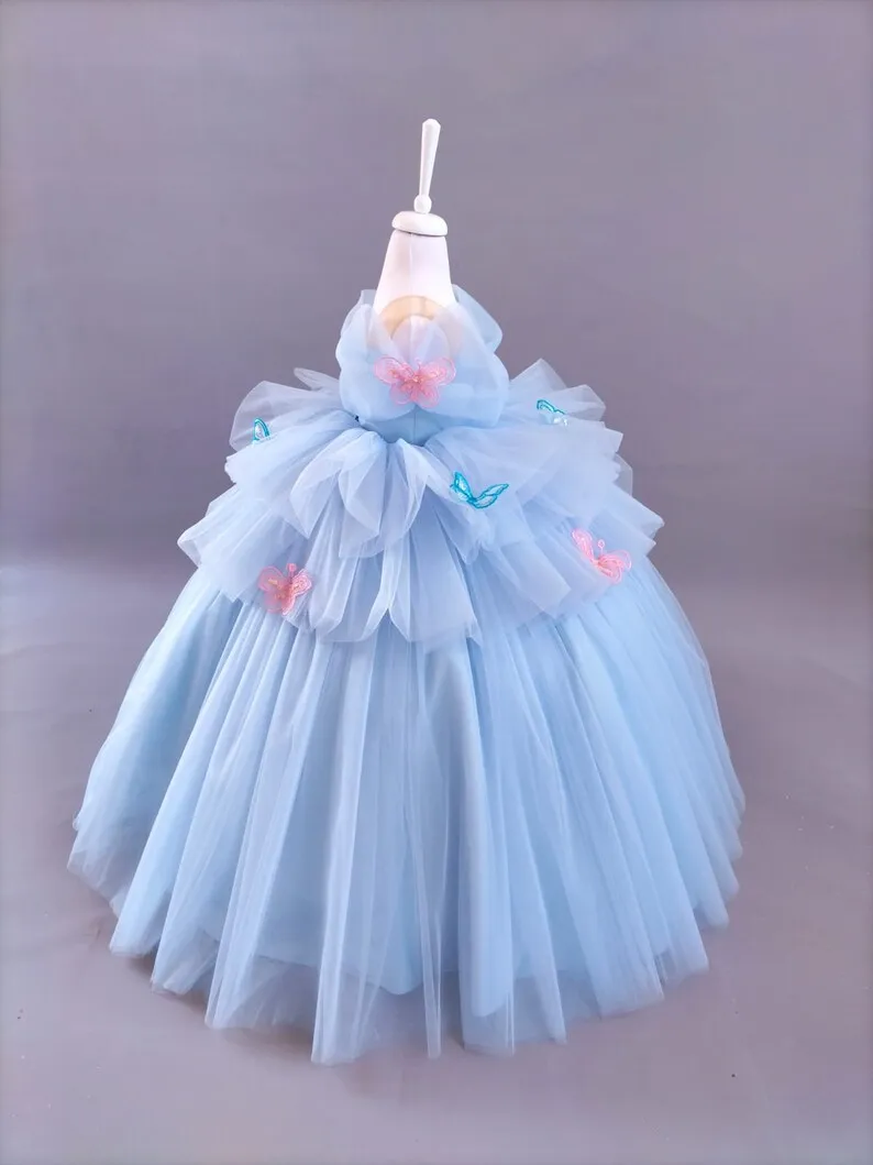 

Sky Blue Flower Girl Dress Tulle 3D Applique Puffy Floor Length Kids Birthday Party First Communion Pageant Ball Gown