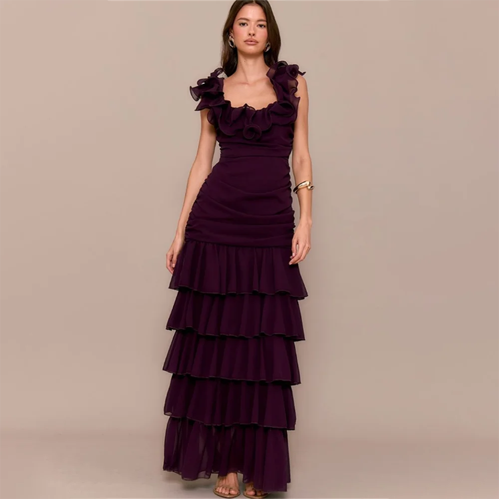 

Женские вечерние платья с квадратным вырезом, рюшами и многоярусной юбкой, без рукавов, элегантные платья для вечеринок, коктейльные и выпускные платья