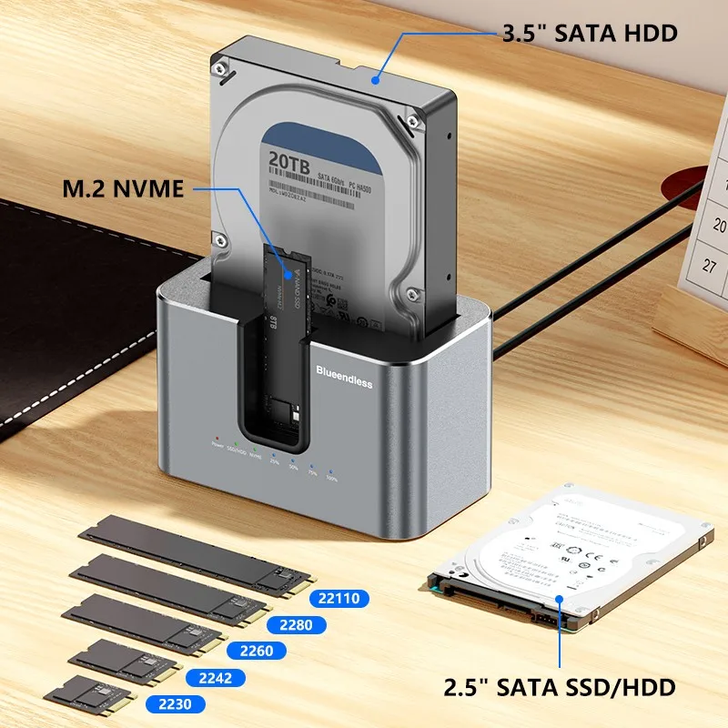 Dual-bay Solid-state Drive Enclosure,M.2 NVMe SSD Docking Station with 2.5/3.5-inch SATA Reader, Offline Copying,10Gbps