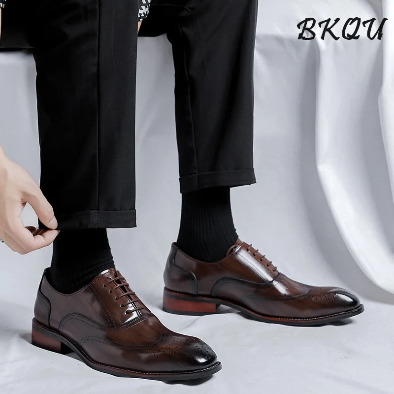 

BKQU Men Leather Shoes, Pointed-toe British-style Derby Shoes 2025 Autumn Casual Three-piece Business Formal Groom Wedding Shoes