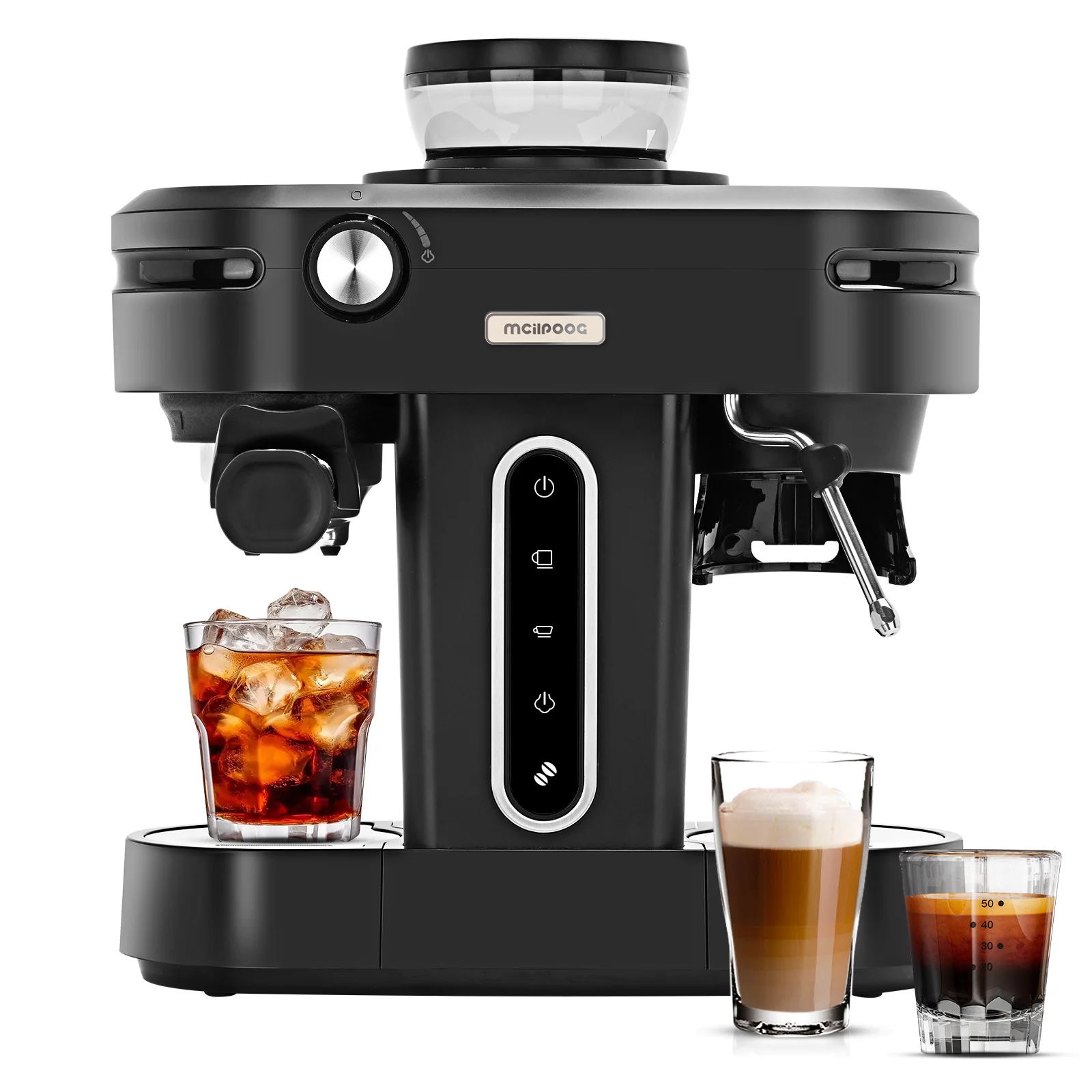 Mcilpoog-Máquina de Espresso Semi Automática, 3 em 1 com Grinder e Steam Wand para Cappuccino ou Latte, AC510, 19Bar