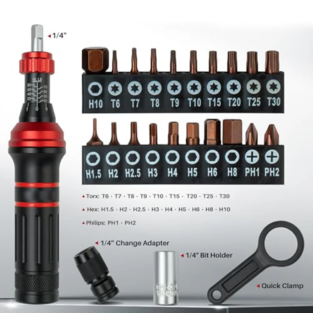 Preset mechanical torque screwdriver with slip clutch and ergonomic handle with 24 piece bit set for professional assembly use