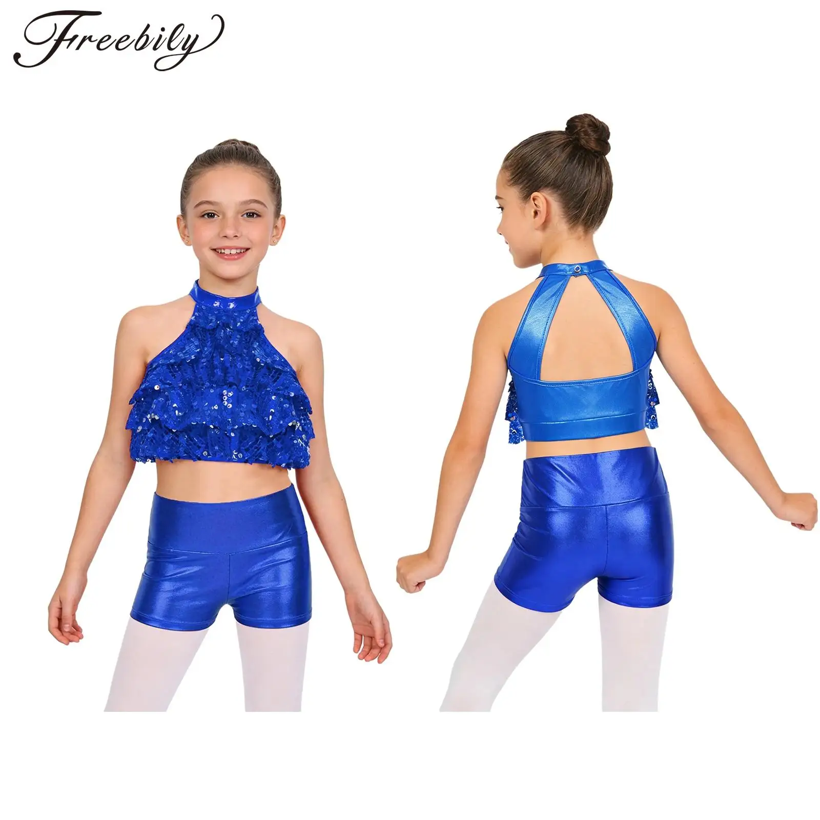Kids Girls Jazz Hip Hop Street Dance Outfits Sequins Tiered Ruffles Crop Top with Metallic Shorts for Cheerleading Performance