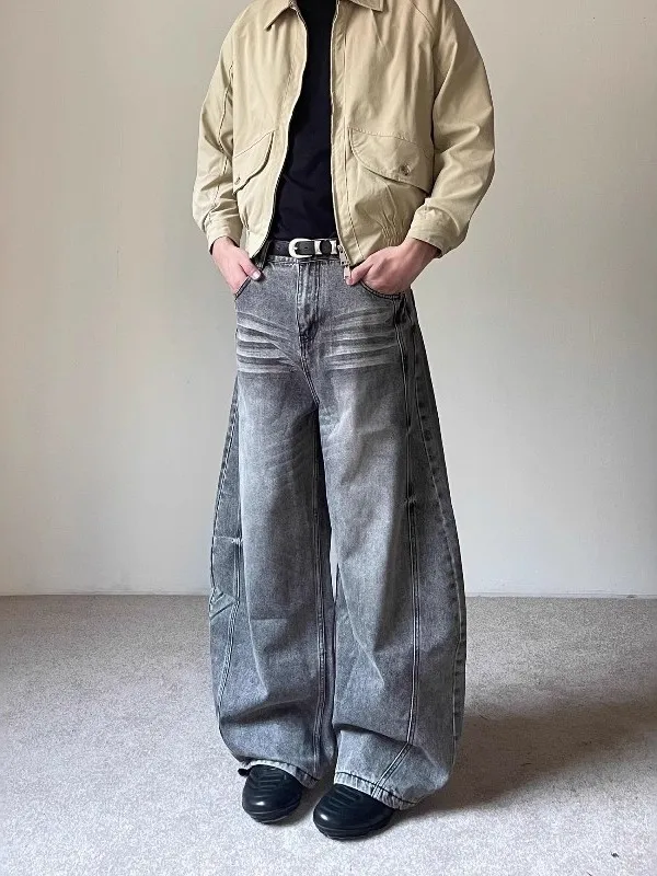 

Джинсы с американской талией в стиле ретро, мужские повседневные свободные брюки со складными ножками, брюки со средней талией на молнии, универсальные на четыре сезона