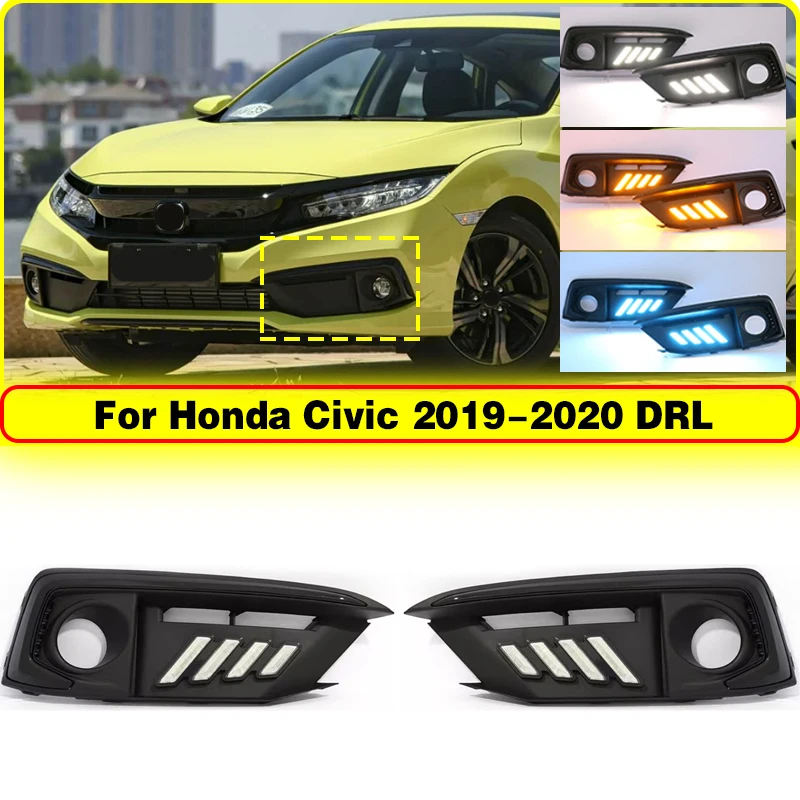 

DRL для Honda Civic 2019 2020 светодиодные дневные ходовые огни трехцветные с динамическим желтым указателем поворота, автоматические дневные фары, противотуманные фары 12 В