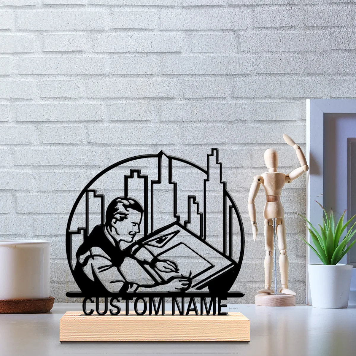 1pc Modern Urban Planning Customized Text Tin Statue Metal Ornament Crafts With Wood Base Tin Ornament With Wood Base Home Table