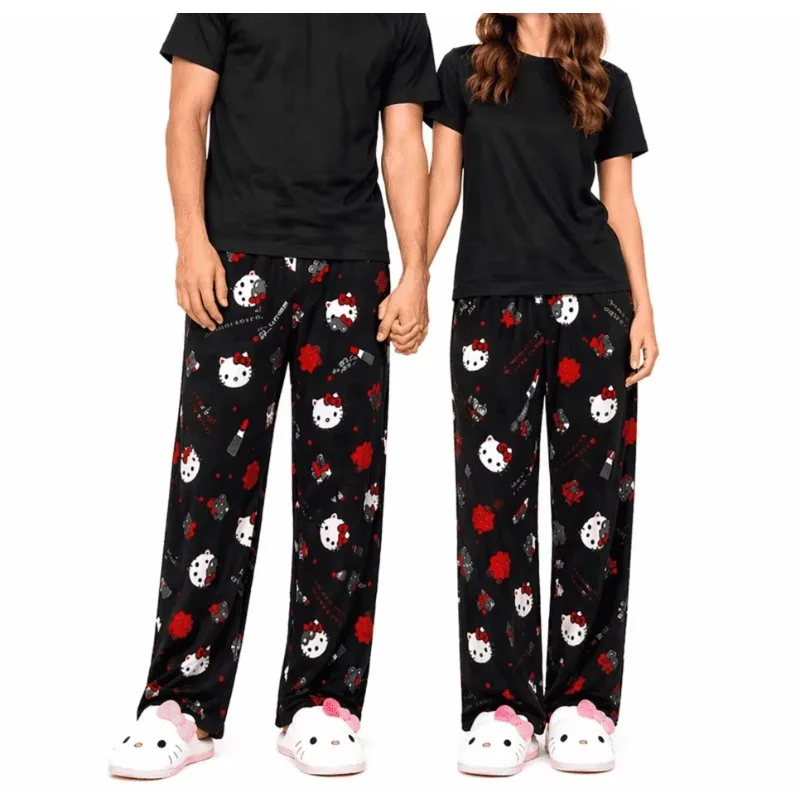 Hello Kitty Red Rose Lipstick Print Couple Flannel Pajama Pants Wide Leg Soft Fleece Elastic Waist Sleepwear Home Trousers Gift