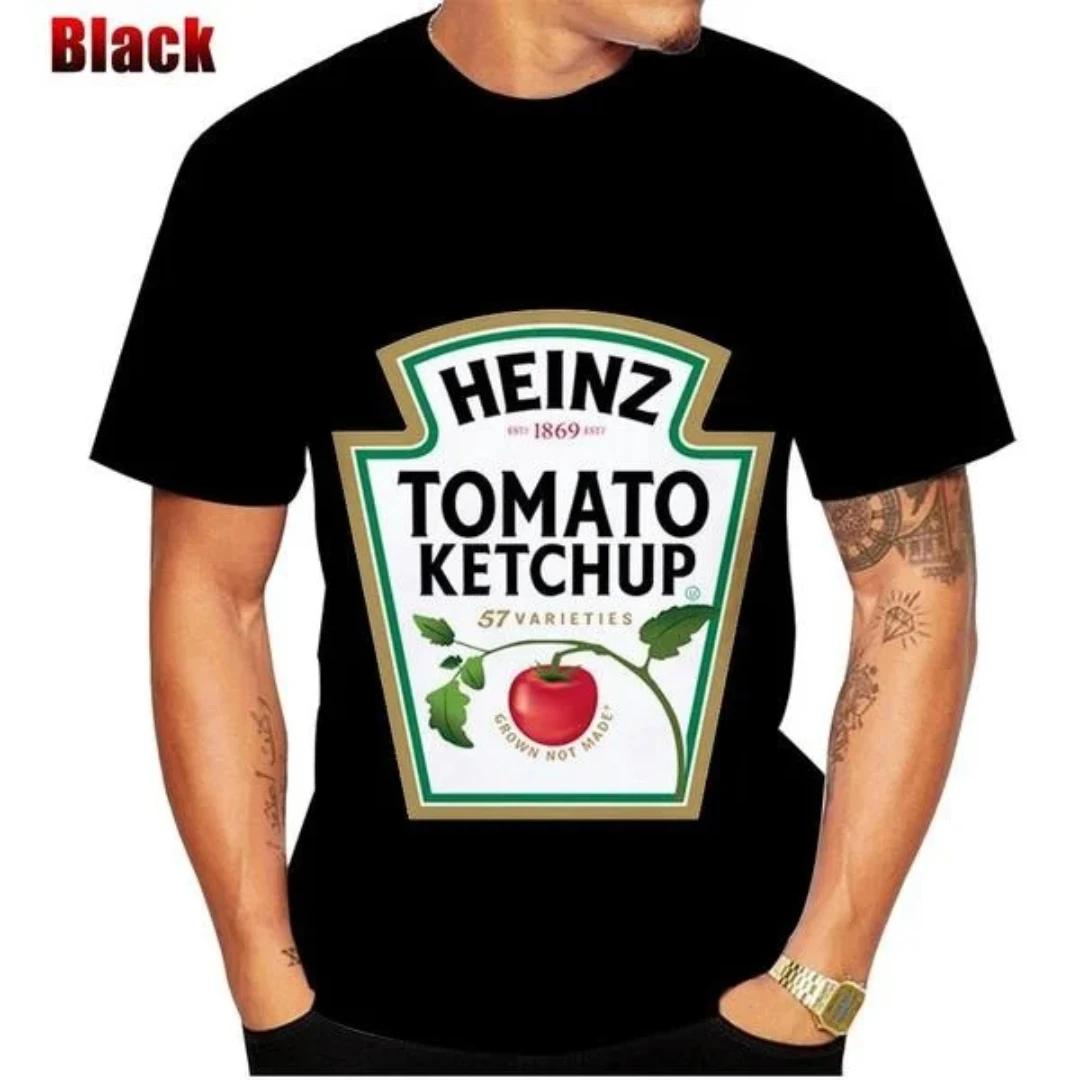 New fashion summer ketchup print T-shirt men's and women's street casual fashion hip hop round neck short-sleeved top