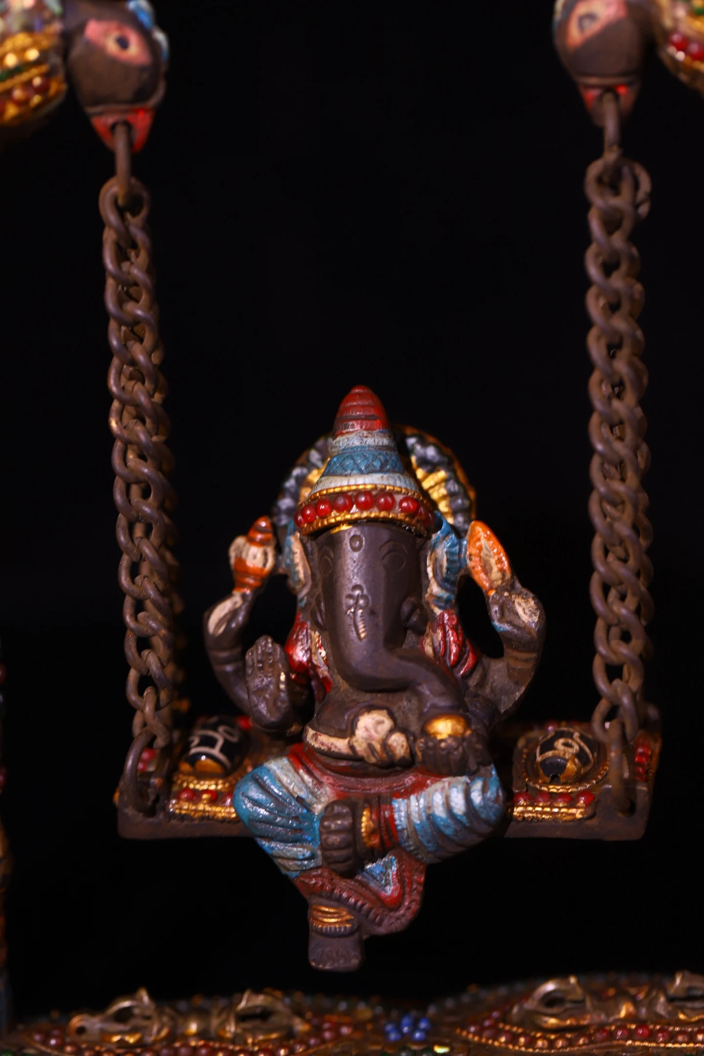 Old Lima Copper Cinnabar Painted Mosaic Gem gZi Beads Shell GANESH Sitting Buddha Parrot statue Buddha Swing Town house