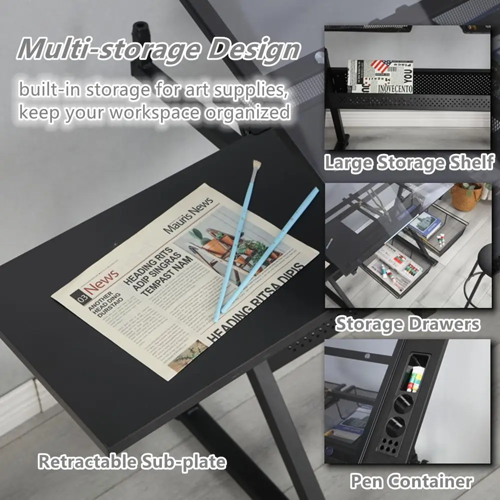 Adjustable Height Glass Art Desk with Stool and Multi-Storage for Sketching and Painting, Ideal for Artists and Hobbyists, Black view 5