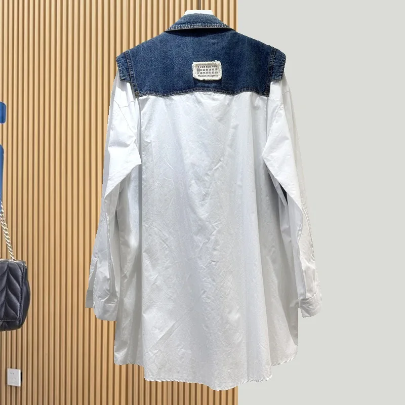 قميص نسائي من Tannt موضة ربيع خريف 2025 من قماش الدنيم المخيط بألوان متطابقة مع بلوزة مزيفة على الموضة تناسب جميع الأعمار قطع علوية نسائية طويلة فضفاضة