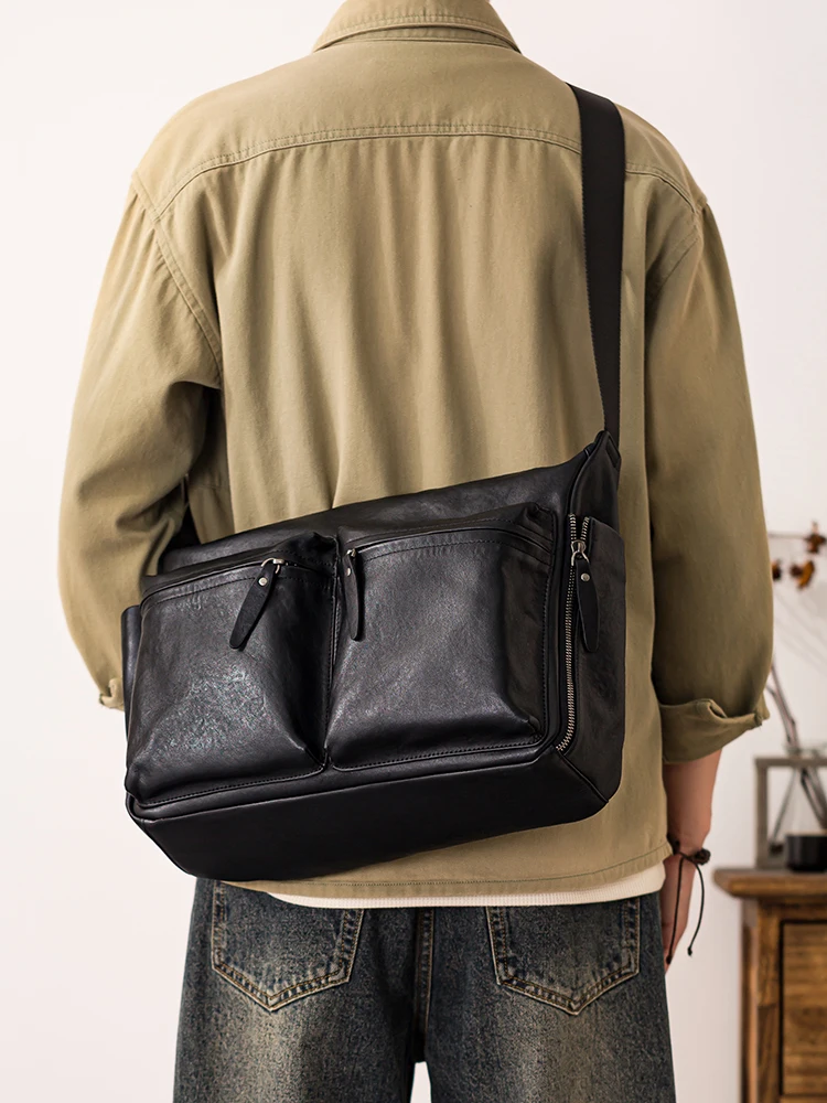 PNDME casua sports luxury genuine leather men's shoulder bag outdoor travel designer handmade cow leather black crossbody bag