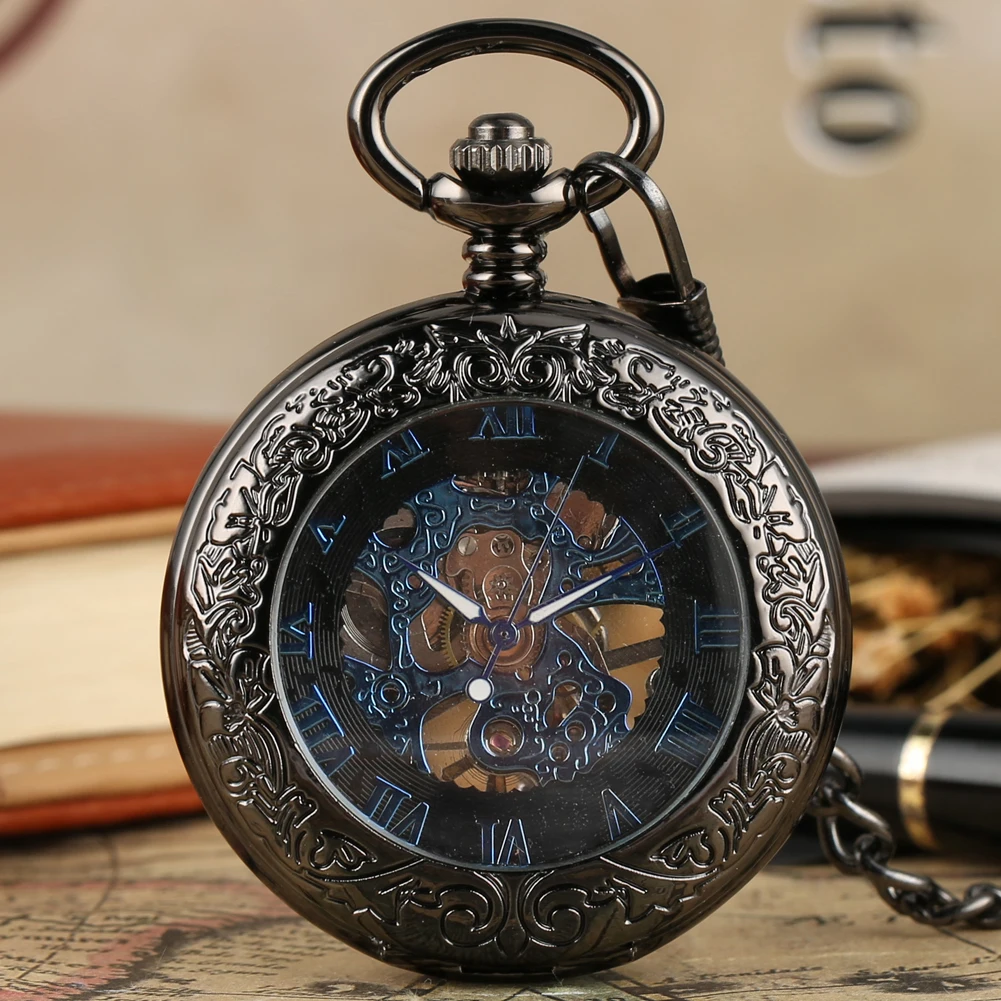 Retro Black Pattern Glass Case Design With Blue Skeleton Dial Mechanical Pocket Watch With Chain Gift To Men Women