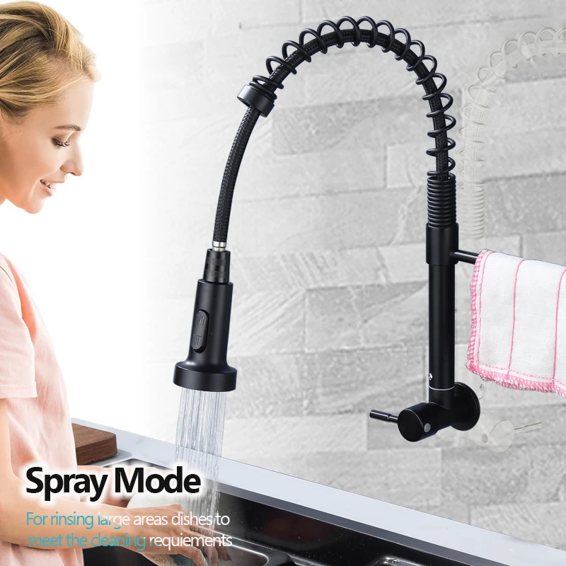 304 stainless steel wall mounted kitchen faucet spring pull out single cold rotatable vegetable basin sink faucet