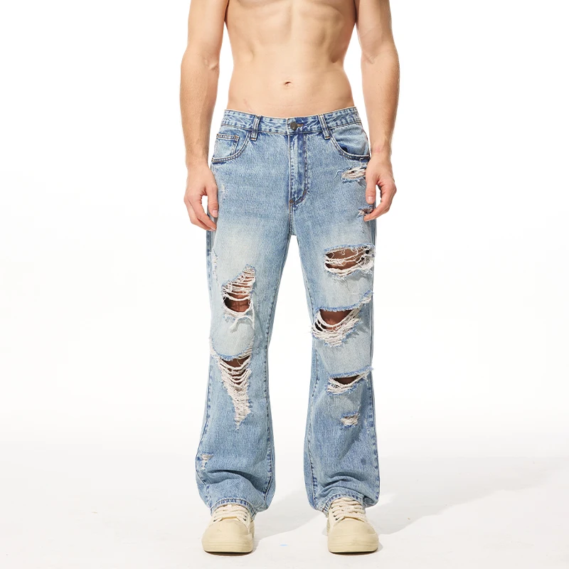 

Men Streetwear Fashion Casual Plus Size Broken Hole Denim Straight Ribbed Jeans Pants Cityboy Baggy Jeans Trousers 40 38