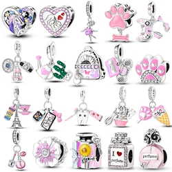 Hot Sale 925 Silver Pink Perfume Charms Fit Original Bracelet For Women Jewelry Making Earphone Claw Radio Schoolbag