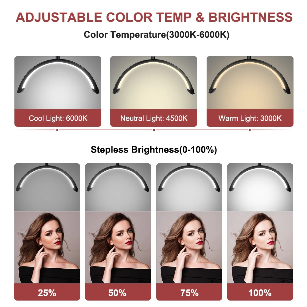 16 INCH Lash Light for Eyelash Extensions Half Moon Light 2 in 1 Foldable Lash Lamp Esthetician Light with Desk Clip for Tattoo