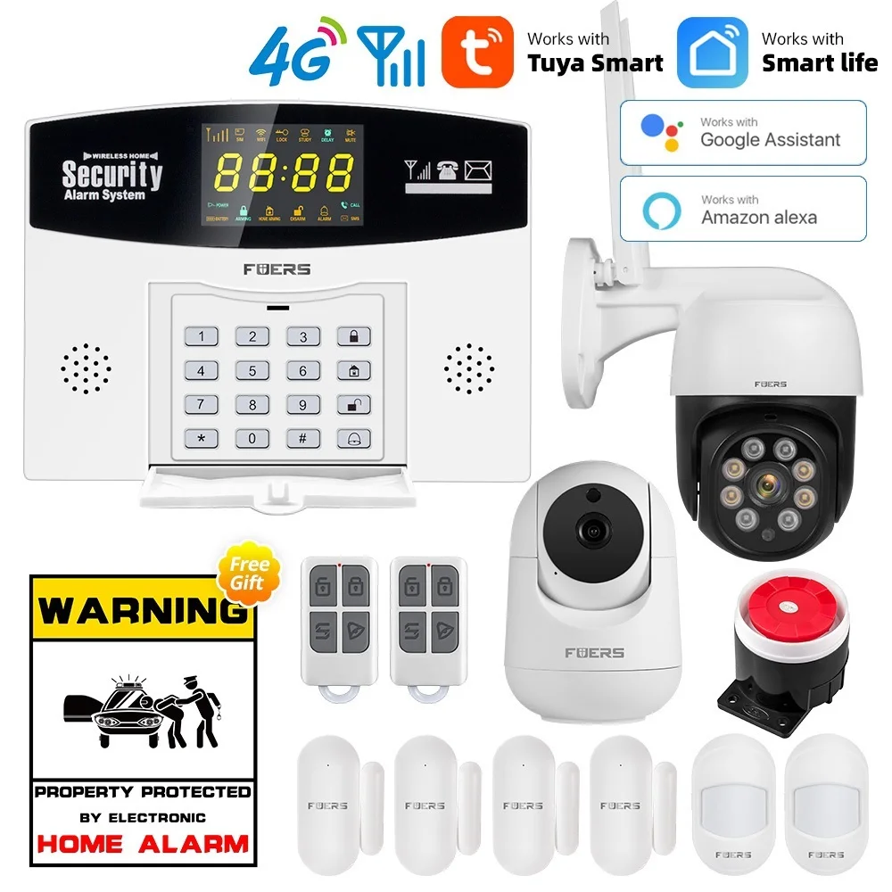 Top Tuya Smart WIFI 4G GSM Alarm System Burglar Alarm 433MHZ Wireless Wired Zone Link To Alexa Google Motion Sensor IP Camera