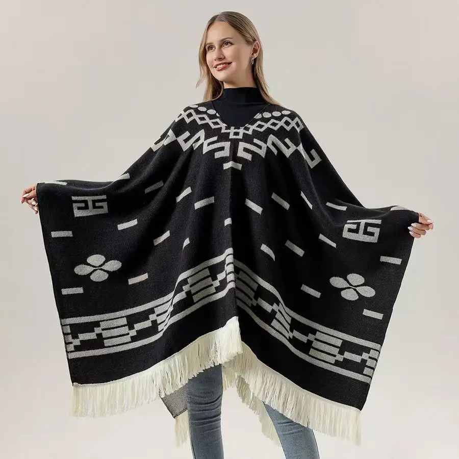 Cool Fashion Cowboy West Style Pullover Cape Unisex All Seasons Soft Acrylic Cashmere Poncho Long Wraps Overcoat Cloak Travel