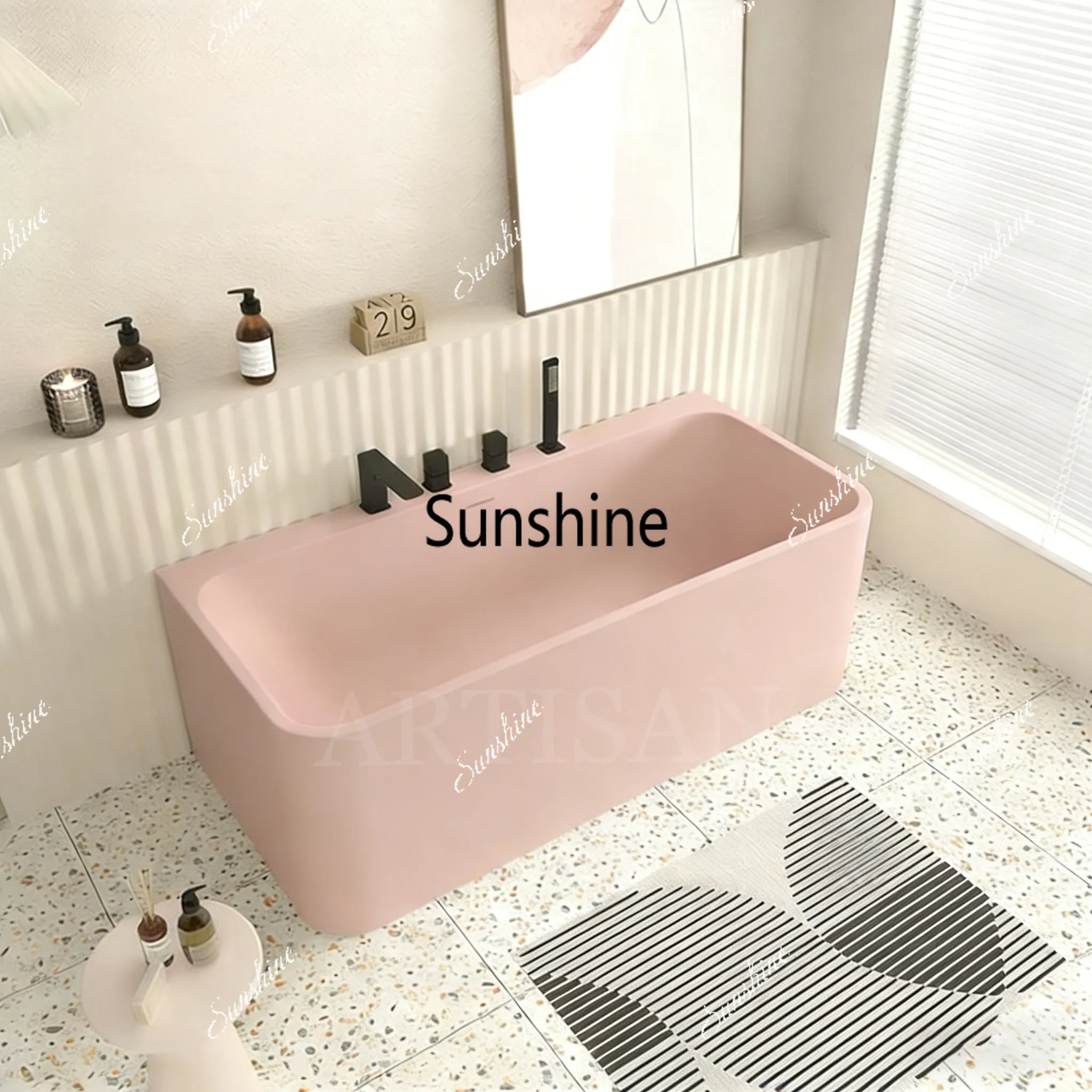 Household rectangular independent integrated artificial stone bathtub against the wall
