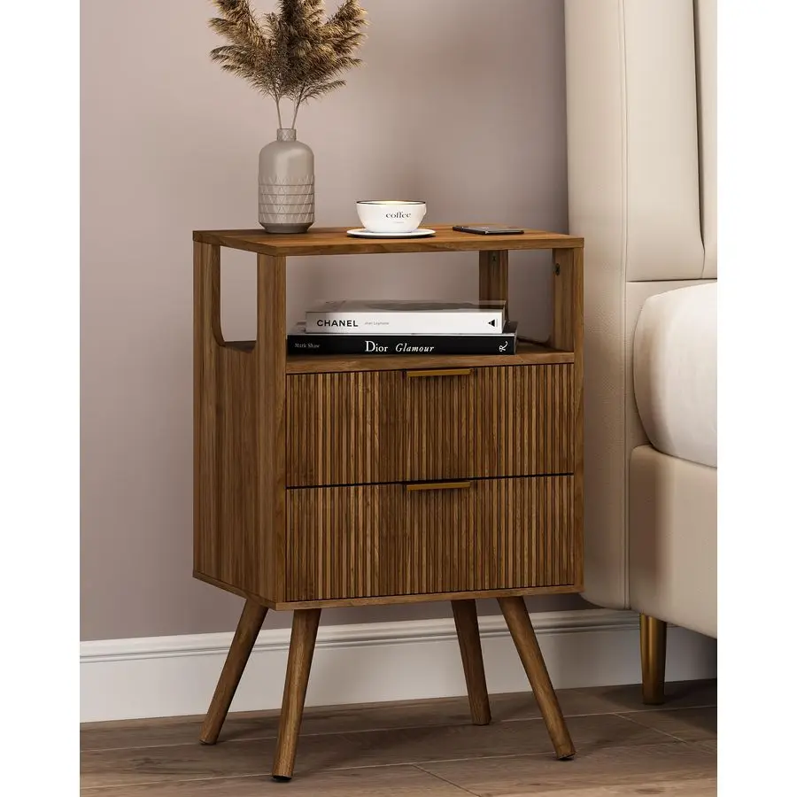 

Прикроватная тумбочка, современная тумбочка с 2 выдвижными ящиками и открытой деревянной полкой, для спальни и небольших помещений, тумбочка из массива дерева