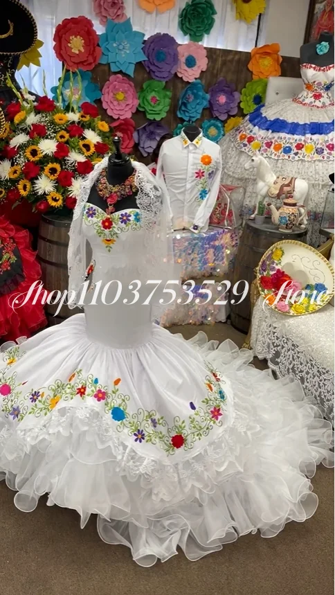 Luxury White Mermaid Prom Dress Exquisite Mexican Ethnic Dress Corset Bridal Floral Embroidery Appliqué Ruffles فساتين سهرات