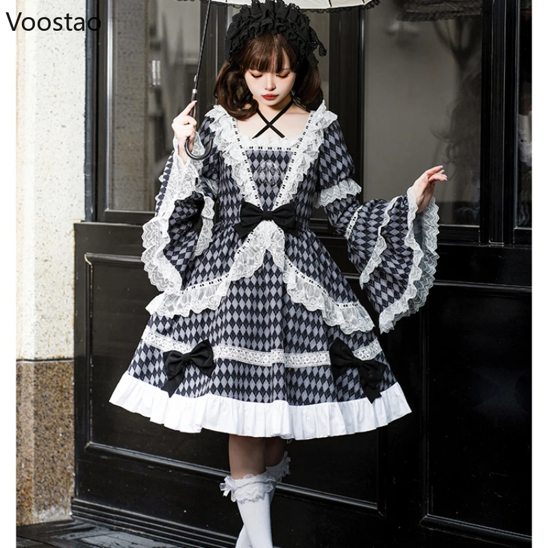 

Harajuku Gothic Lolita OP Dress Women Sweet Elegant Bow Plaid Lace Ruffles Embroidery Party Dresses Girls Vintage Princess Dress