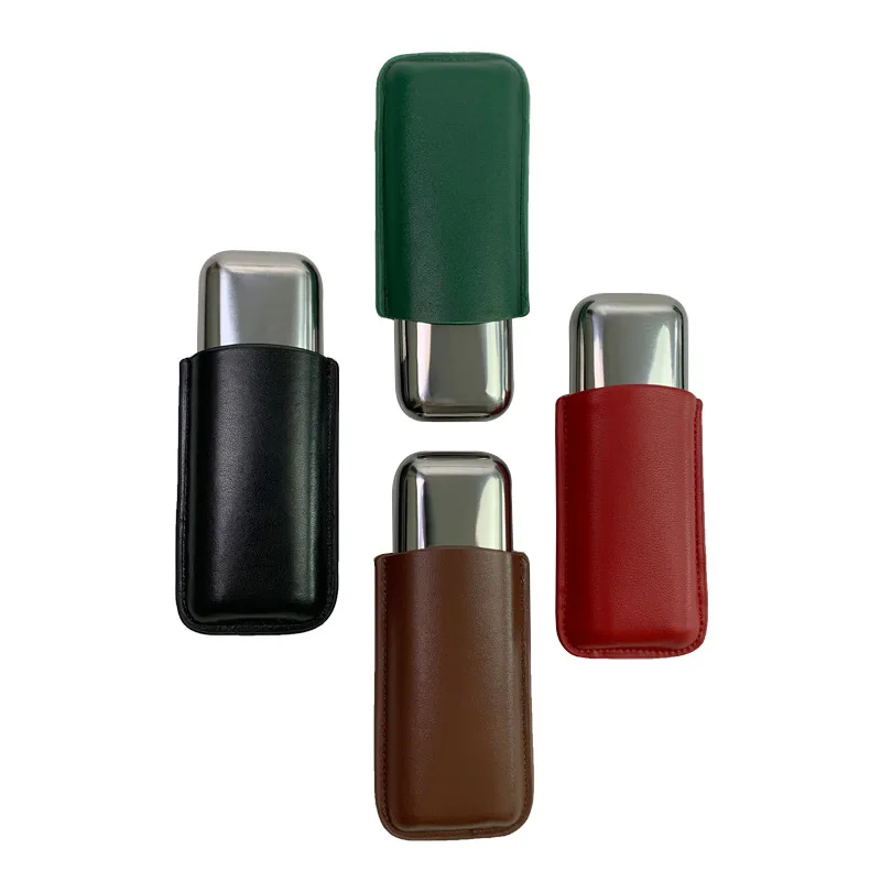 Innovate Cigar Case Stainless Steel Storage Box Holder 2 Pcs Tubes Portable Cigar Tube Leather Metal Humidor Gift for Father