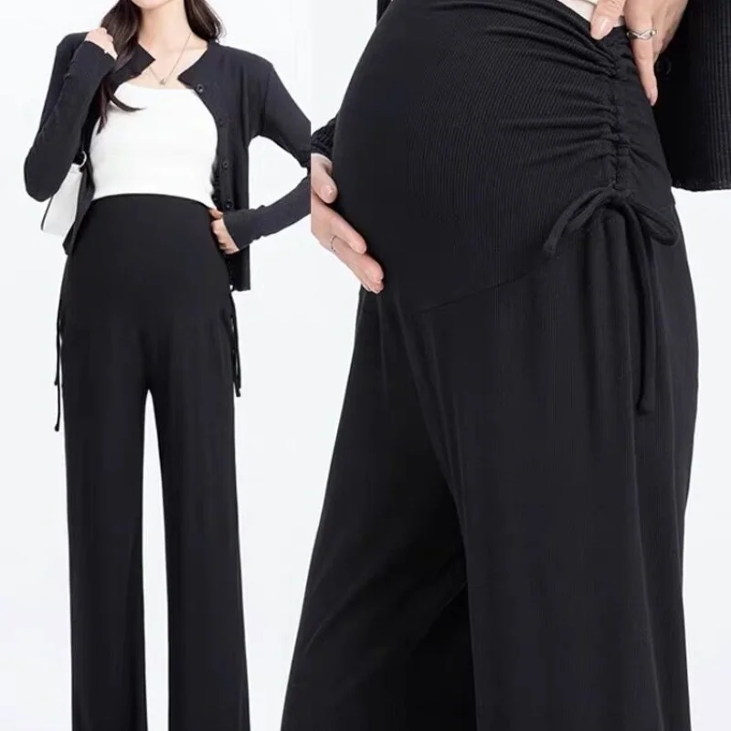 Maternity Trousers Spring and Autumn Outside Wear New Summer Petite Casual Drawstring Straight Wide Leg Trousers Maternity Wear