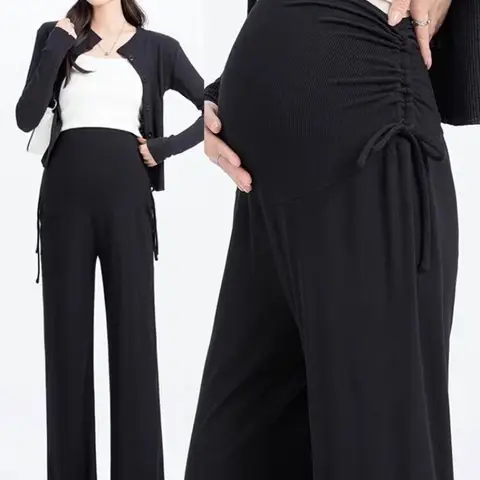 Maternity Trousers Spring and Autumn Outside Wear New Summer Petite Casual Drawstring Straight Wide Leg Trousers Maternity Wear