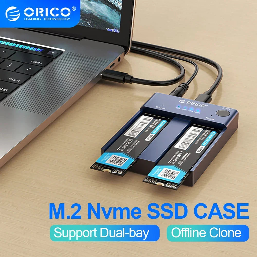 ORICO Dual Bay M.2 NVME SSD Enclosure 10Gbps Offline Clone USB C 3.1 Gen2 For M Key M/B Key NVME PCIe SSD Hard Drive Reader 4TB