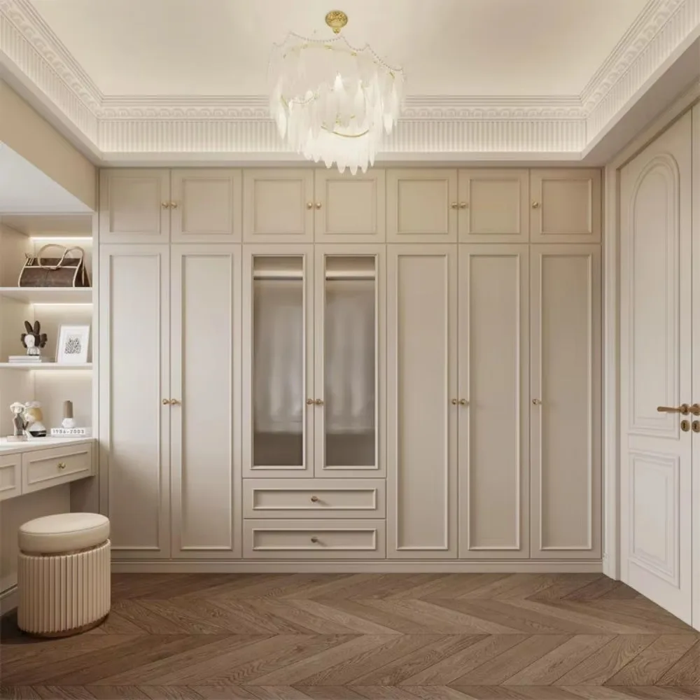Factory Custom French Style Walk-in Wardrobe Solid Wood Shaker Door Durable Antique Design White Finish Home Furniture Hotel