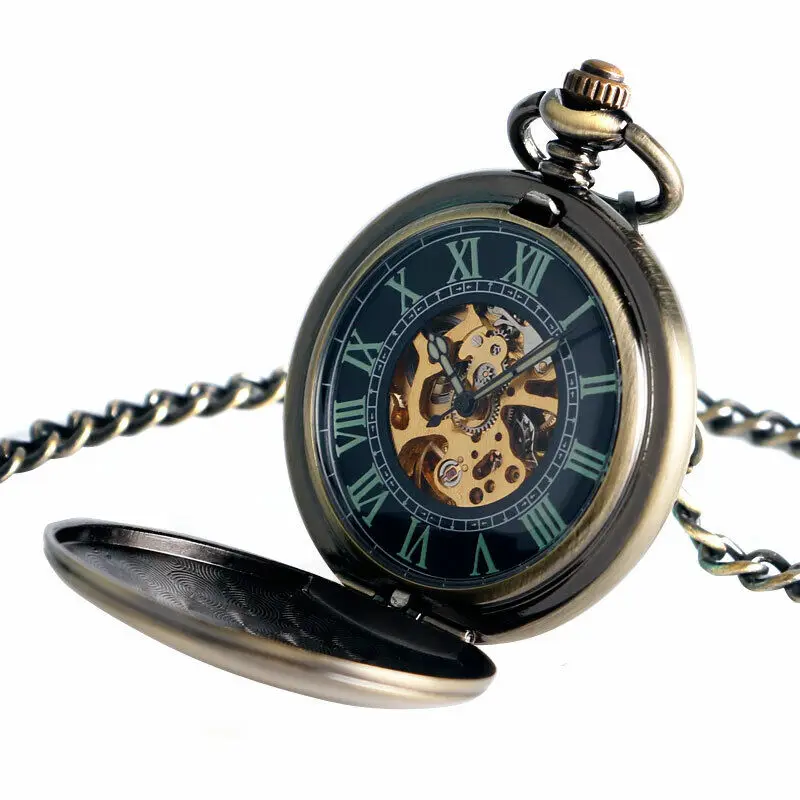 Mens Vintage Mechanical Pocket Watch Smooth Bronze Tone Case Luminous Dial Roman Number FOB Watches Nice Gift