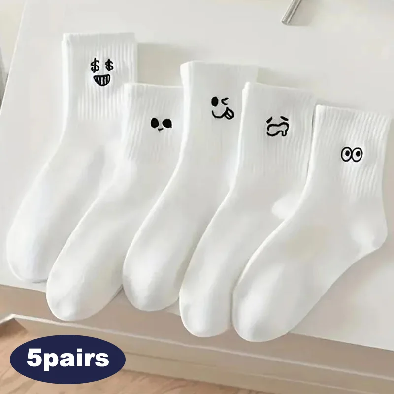 5 Pairs Women's Cartoon Socks Round Neck Mid Tube Fashionable Cute Expression Pattern Socks Casual Breathable Autumn Girls Socks