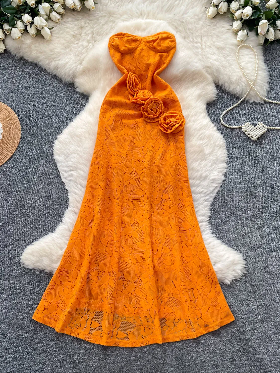 Women's Orange 3D Flower Lace Strapless Dress 2000s Y2k Gyaru Vintage Maxi Dress Sleeveless Hollow Out A-Line Dress Summer 2026