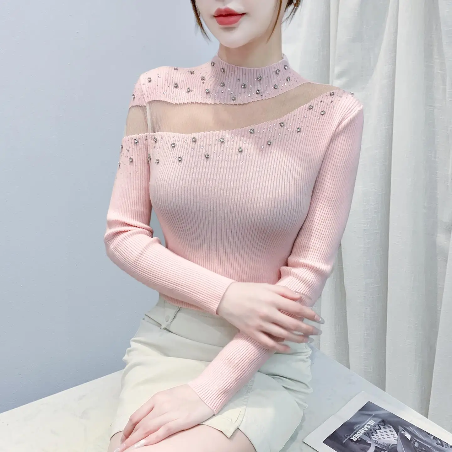 

Faionable Beaded Knit Sweater Women's Autumn Winter Slim Fit High Collar Inner Wear Base irt Trendy Top Commute Sle