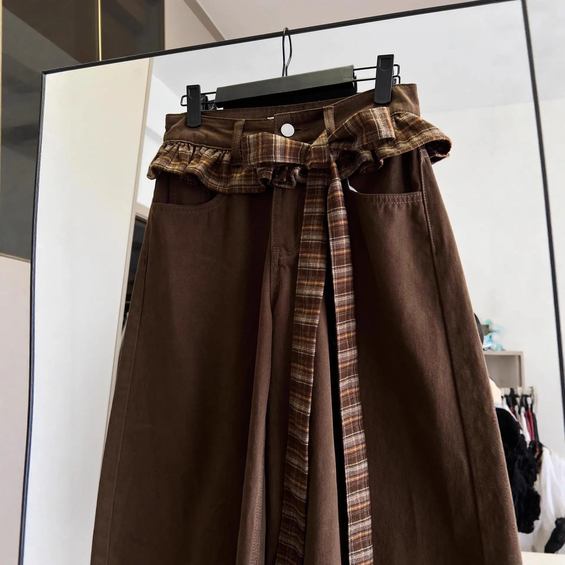 

Retro High Waist Wide Leg Jeans Fashionable Patchwork Plaid Design Straight Cut Trousers Commute Style Vintage Look
