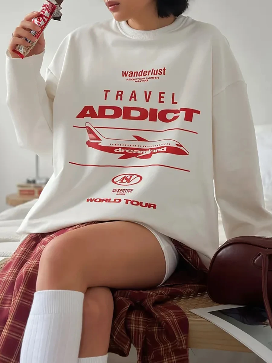 ملابس رياضية للسيدات لربيع وخريف 2025 ﻿ بلوزات فضفاضة مطبوعة بأحرف المرأة عادية س الرقبة كم كامل بلوزة الإناث