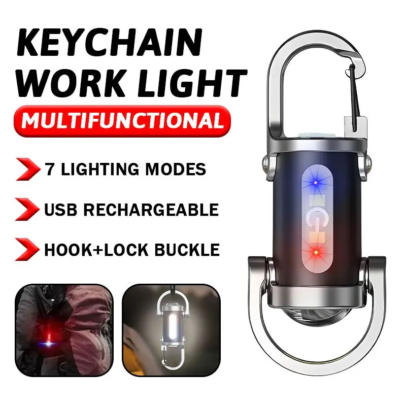 

Powerful Mini COB LED Keychain Flashlight USB Rechargeable Hanging Work Light Waterproof Keyring Camping Walking Pocket Lamp