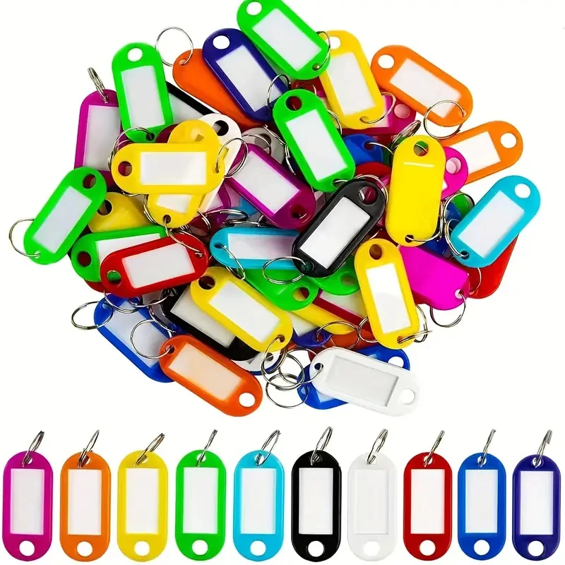 100/50/30/10PCS Porte-clés en plastique, étiquettes de clés, étiquettes d'identification, étiquettes de nom avec anneau séparateur pour bagages, porte-clés, anneaux de clés