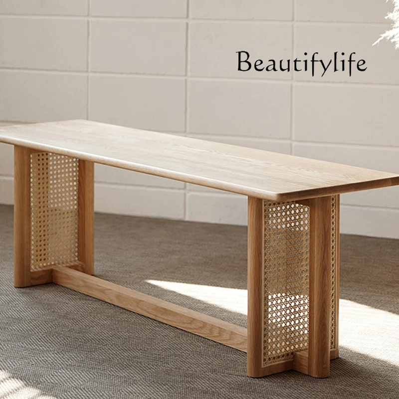 Bench Nordic Solid Wood Shoes Change Strip Japanese Style Cherrywood Dining Stool Chair Bed End Stool Rattan