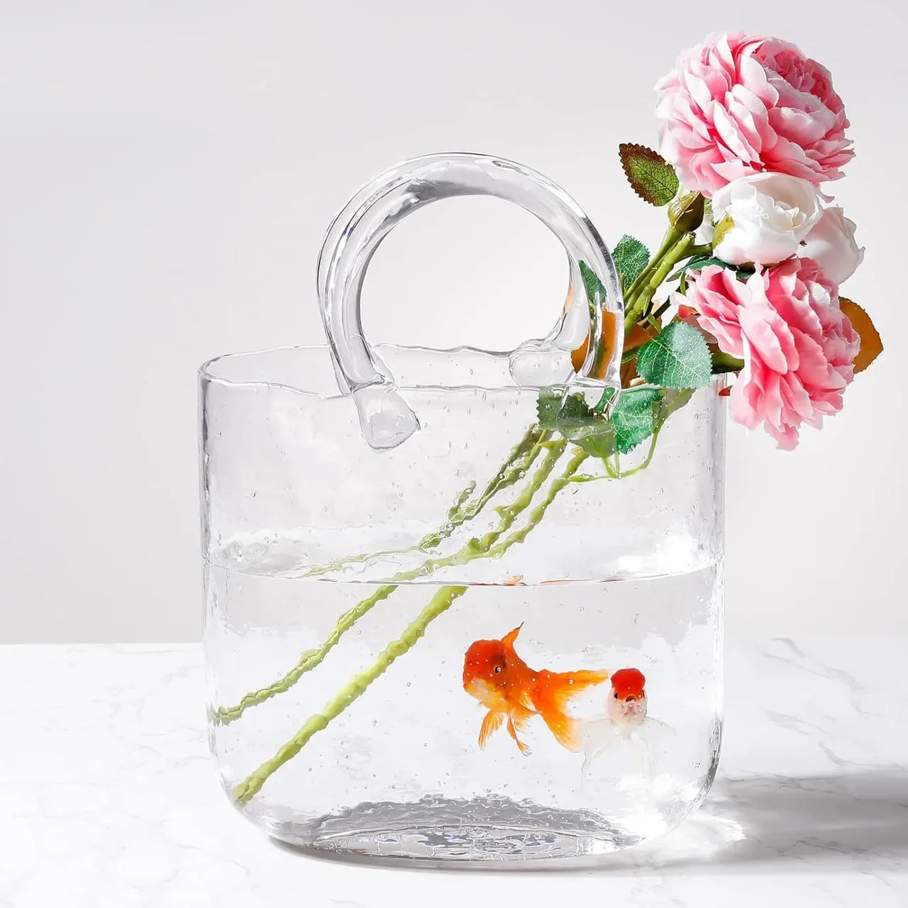 

Customizable Clear Glass Vase Fish Tank Tote Bag Flower Handbag Bag Vase Desktop Centerpiece for Office Bedroom Decoration