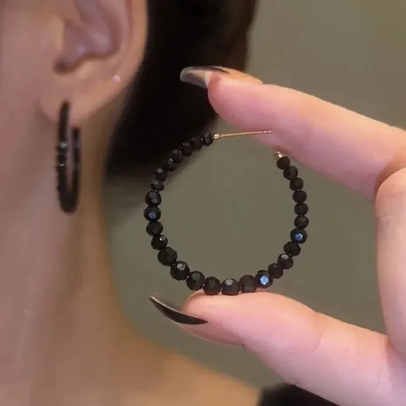 Fashion New Fresh Trend Round Black Crystal Hoop Earrings Geometric Earrings Women Girls Elegant Exquisite Jewelry Gifts