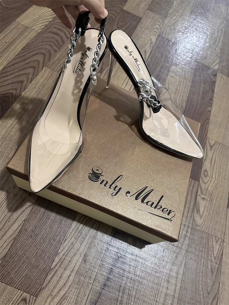 

Only Maker Женские туфли-лодочки без шнуровки из ПВХ с острым носком на тонком высоком каблуке с металлической цепочкой, модные летние туфли на каблуке для свадебной вечеринки