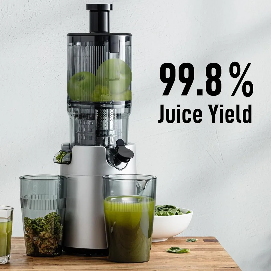 5つの幅広投入口と50 RPMの低速咀嚼技術を備えたコールドプレスジューサーで、酸化を抑え、特許取得されたデザインにより高いジュース量を確保します。