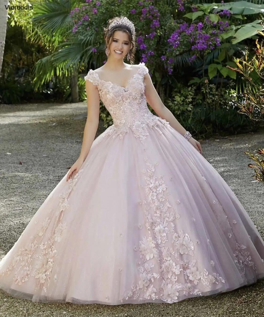 

2021 Quinceanera Dresses Pink Floral Appliques Sexy V Neck Long Tulle Ball Gown Sweet 16 Year Vestidos De 15 Dress for Party