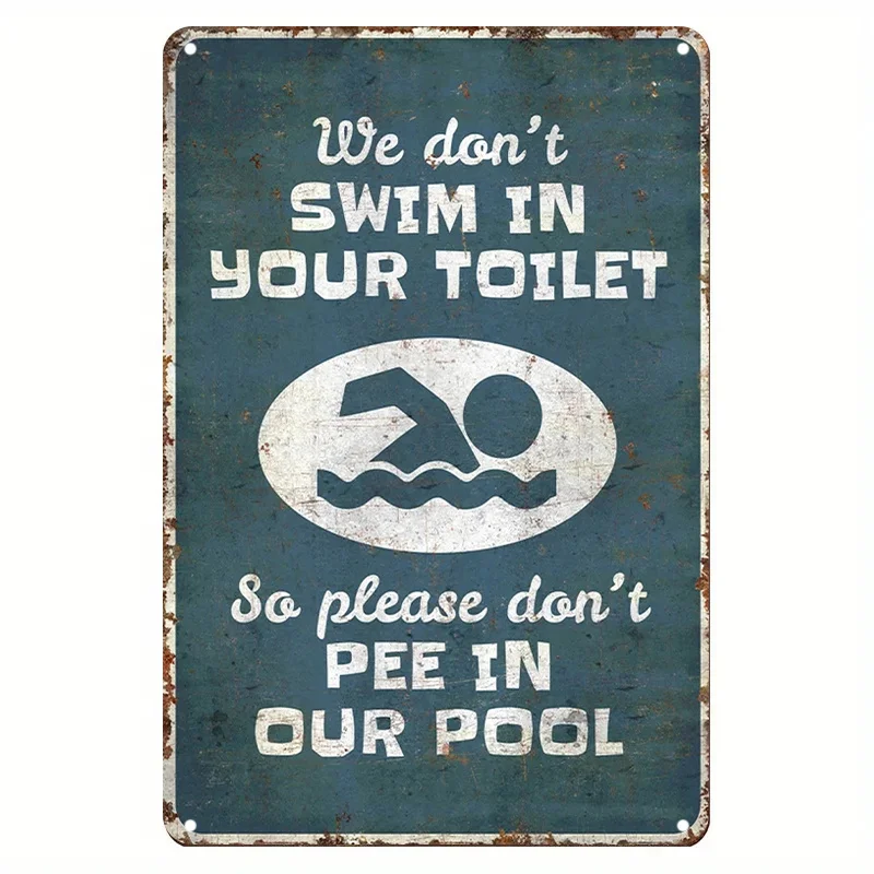 Letrero de metal vintage "Don't Pee in the Pool", decoración rústica azul para baño y piscina con gráfico de nadador atrevido, Con de metal duradero