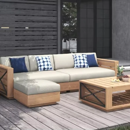 & China Factory Wholesale Villa Outdoor Leisure Teak Sun Sofa Set Wooden Waterproof Sofa