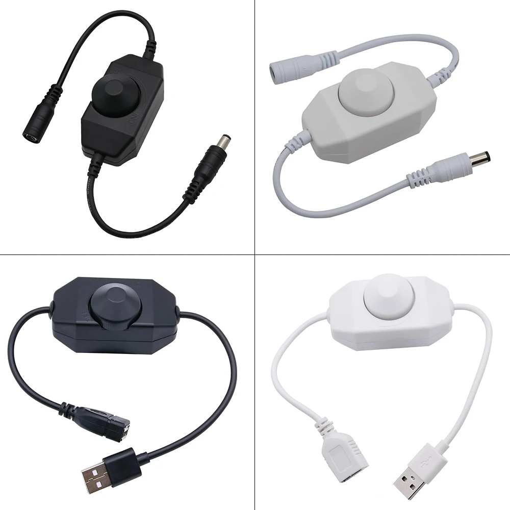 LED Knob Dimmer Switch DC 5V/12V 24V USB Female To Male Extension Cord With Rotary ON OFF White Black Light Strip Controller